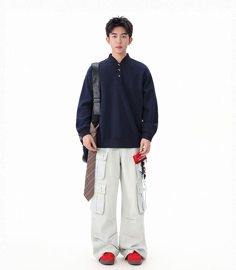 Homlean Heavyweight Henry Collar Solid Color Sweatshirt Men Autumn Fashion Casual Loose Base Shirt HQ00 Black 4XL 7