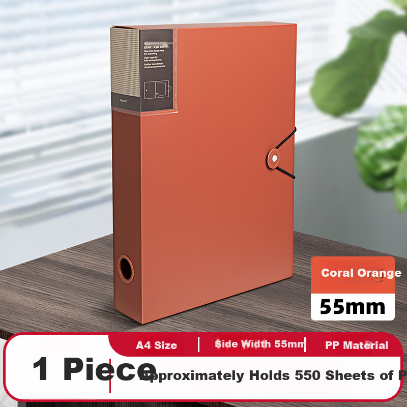 TIANSE A4 File Box, 55mm Thick Document Box, File Organizer, Financial Voucher Storage Box, Office Supplies, TS-11002, Coral Orange