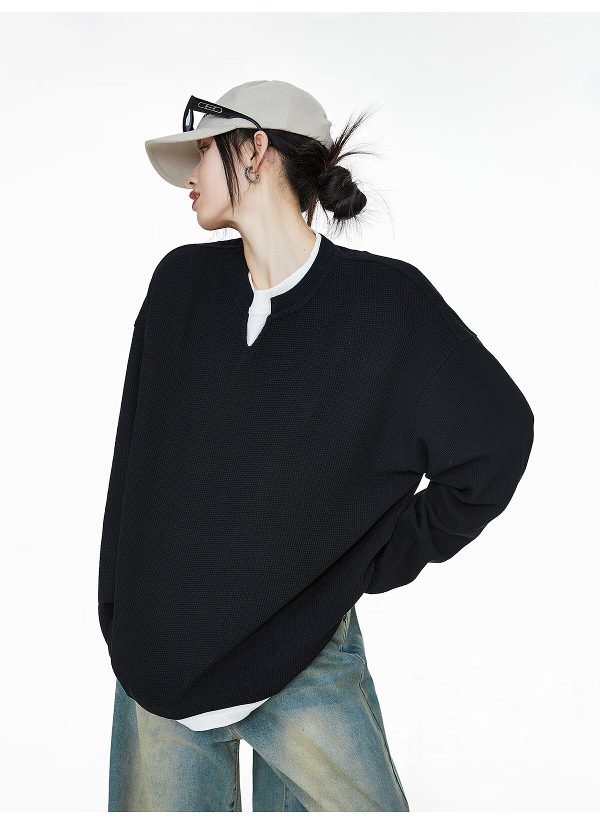 ICH MODE Women's Pullover Sweatshirt American Waffle Long Sleeve T-Shirt Autumn Winter Loose Casual Henley Neck Top Gray L 29