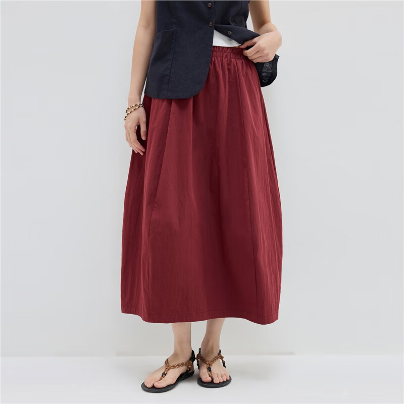 Giordano Designer Cocoon Skirt Women's Summer New Lantern Skirt Elastic Waist Red Midi Skirt 18465808