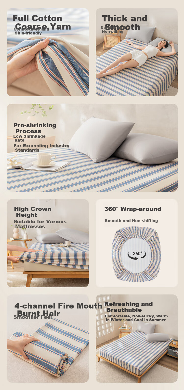 JD Original Pure Cotton Coarse Linen Fitted Sheet Single Piece Class A Skin-Friendly Breathable Comfortable for 1.8m Bed Gulf Style 3