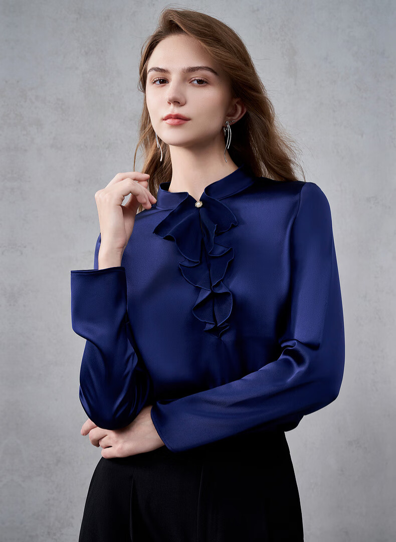 G2000 Satin Ribbon Stand Collar Women's Spring Autumn Silky Long Sleeve Casual Shirt Mall Same Style 2