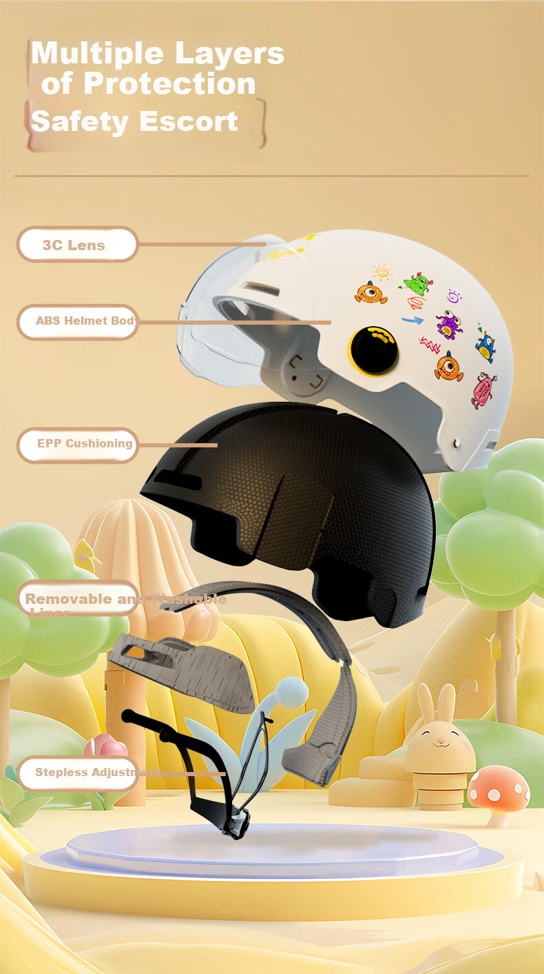 Luyuan Electric Bicycle Helmet, Parent-Child Adult And Children's Helmet, Suitable for Ages 3-6, Summer Cute Design for Boys And Girls, Safety Helmet for Babies 3-12 Years Old, Beige 3C Transparent Short Visor [Children's Helmet] 4