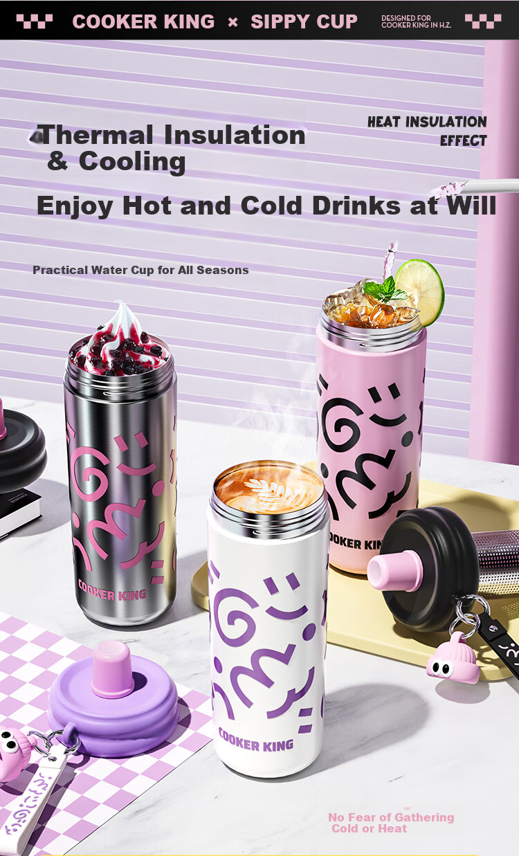 COOKER KING Insulated Mug, 316 Stainless Steel, Stylish Design for Women, Tea Infuser Cup with Straw, Large Capacity Water Bottle for Children, 600ml 6