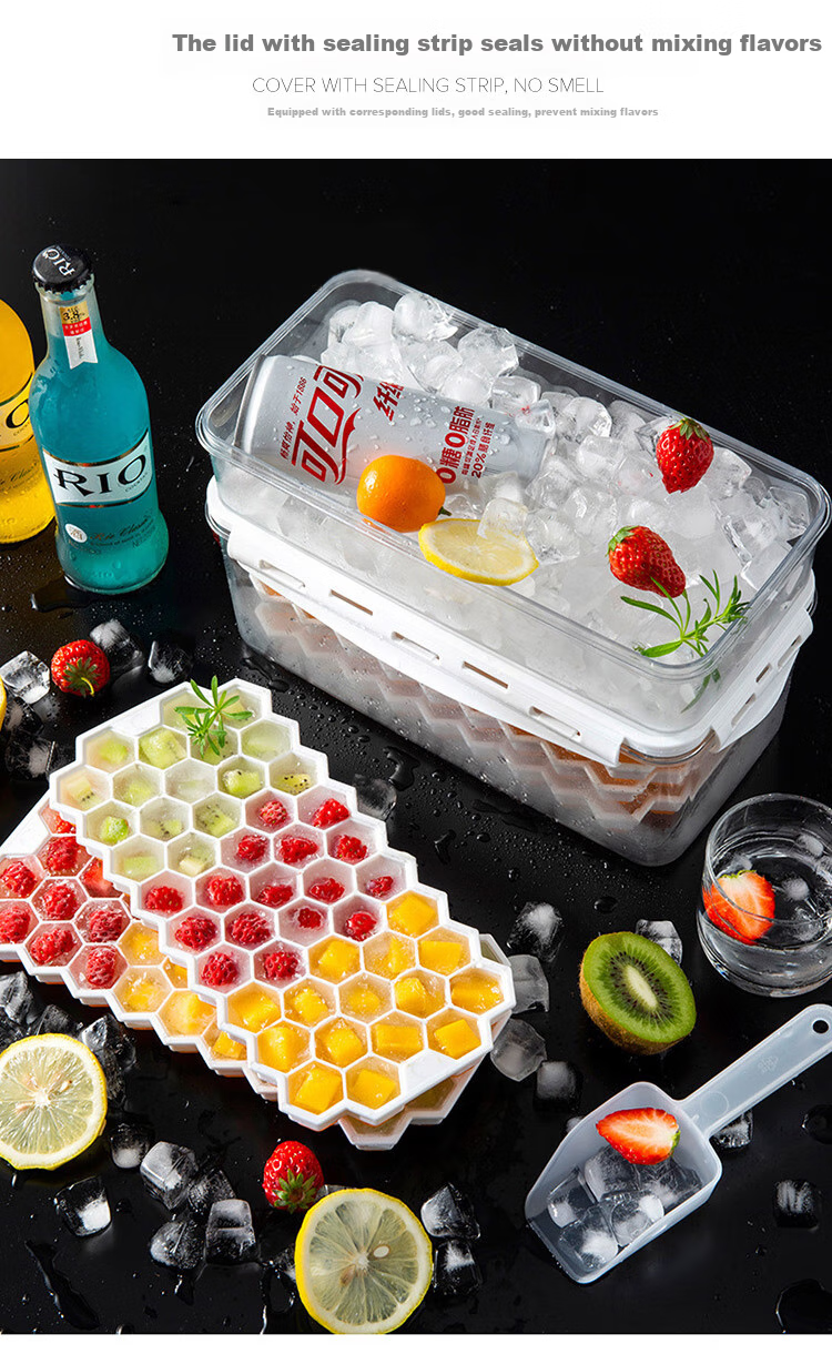 Quanshi Silicone Soft-Bottom Honeycomb Ice Tray, Ice Cube Mold with Lid, DIY 2-Layer 94 Grid 1.7L, Snap-On Lid with Ice Scoop 7