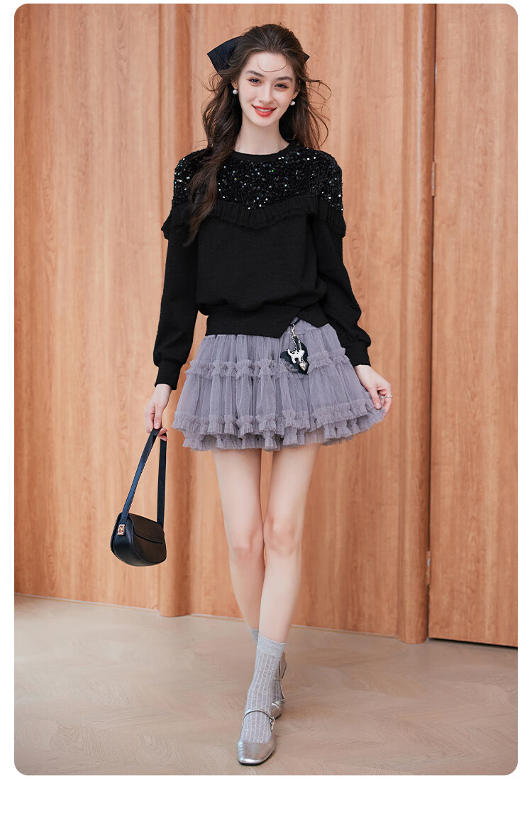LOUISYAO Sequin Embellished Mesh Splice Sweatshirt 2025 Autumn Winter New Split Hem Fashion Top for Women Gray S 5