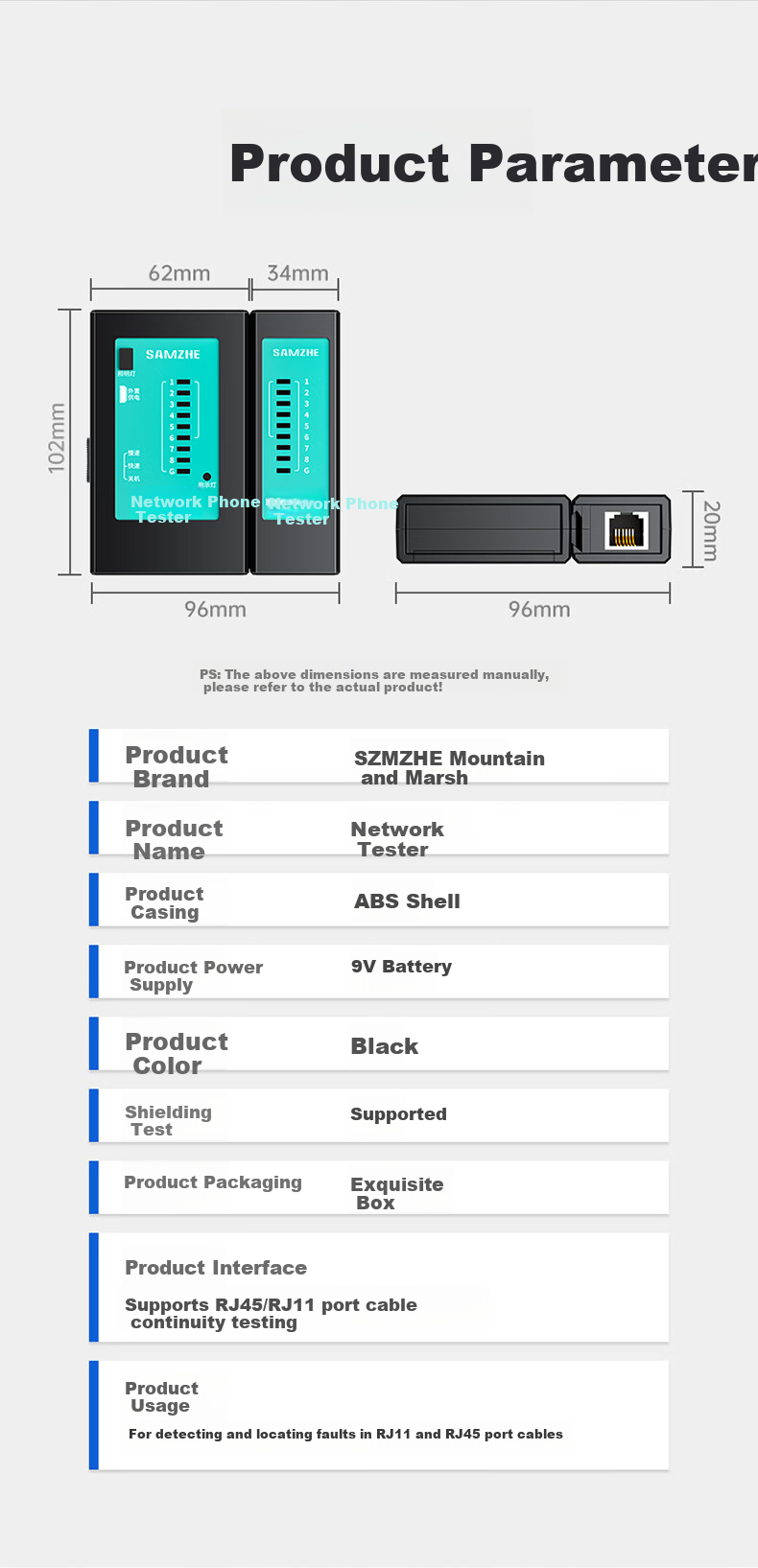 SAMZHE Network Cable Tester, Multifunctional Network/cable Telephone Tester, Network Crystal Head Single-Head Test for Engineering/home Use, Intelligent Signal Detector Continuity Tester CS-66 7