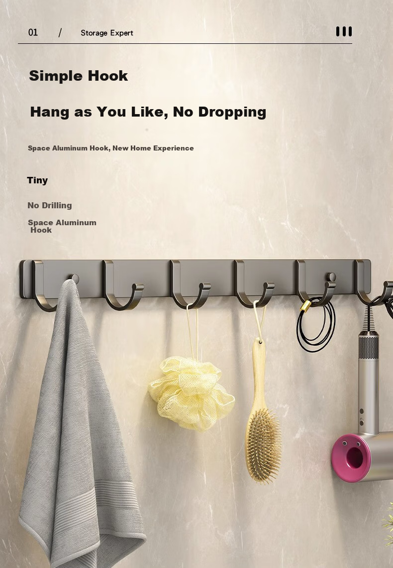 100-Character No-Drill Kitchen Hook Strong Space Aluminum Adhesive Hook Over Door Clothes Hook Bathroom Rack 1