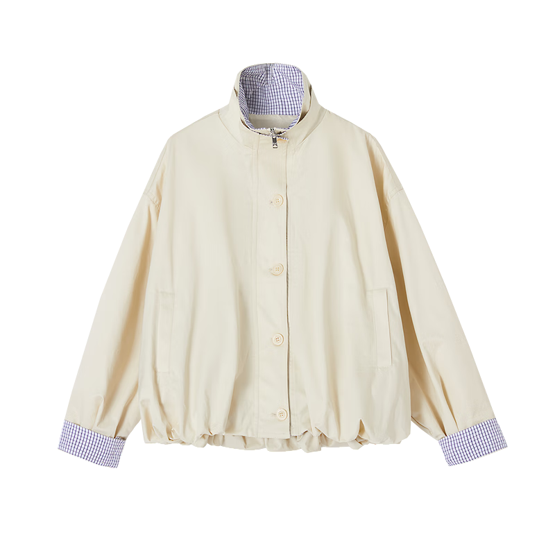 Demana Pure Soft Cotton Brushed Fabric Spring Autumn Urban Simple Double-Layer Lapel Colorblock Plaid Folded Loose Women's Coat