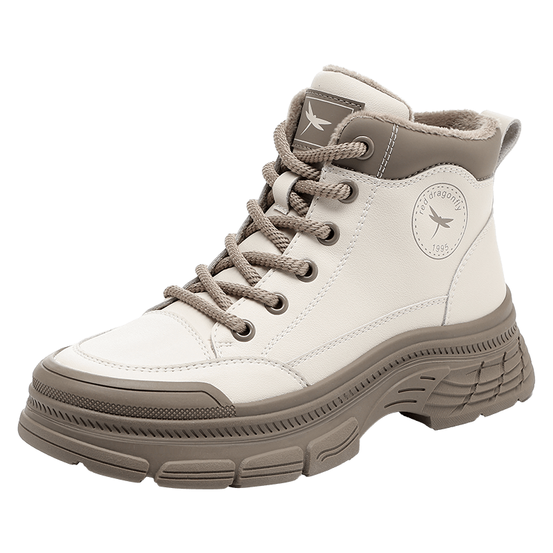 RED DRAGONFLY Women's High-Top Autumn Winter Fleece-Lined Warm Martin Boots Niche Thick Sole Height Increasing Work Boots EXC450762 Beige Size 36