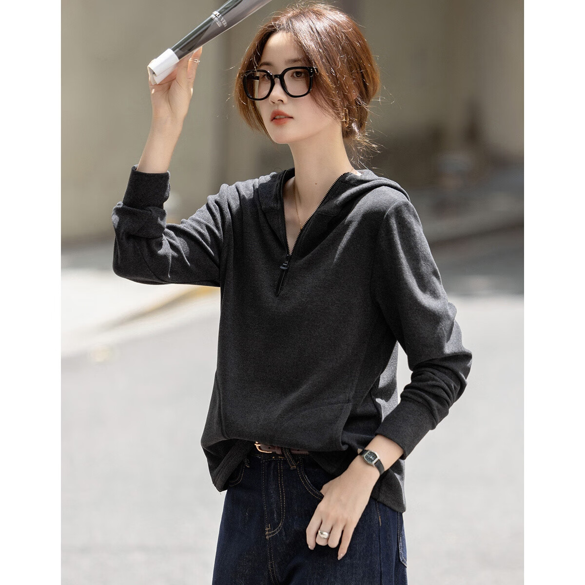 Demana [Minimalist Style] Autumn Korean Hooded Half-Zip Loose Stretchy Comfortable Petite Sweatshirt for Women