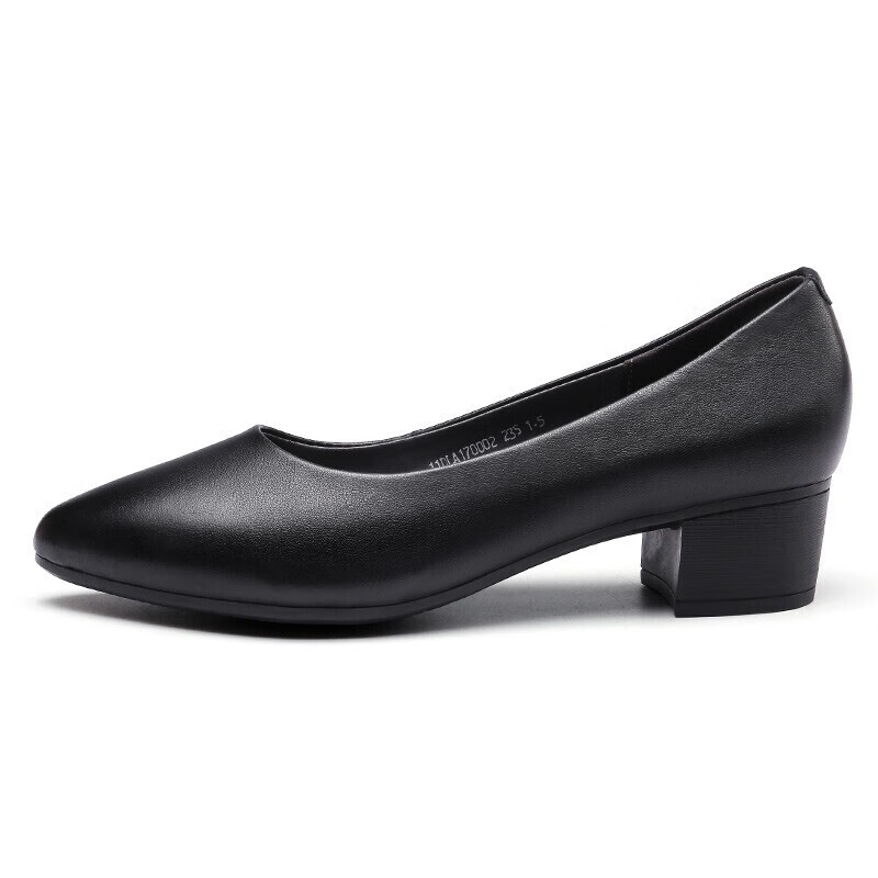 Qiangren Women's Shoes, 4CM Mid-Heel Work Pumps, Pointed Toe Commuter Leather Shoes, Shallow Mouth High Heels, JDLA170002, Black, Size 36