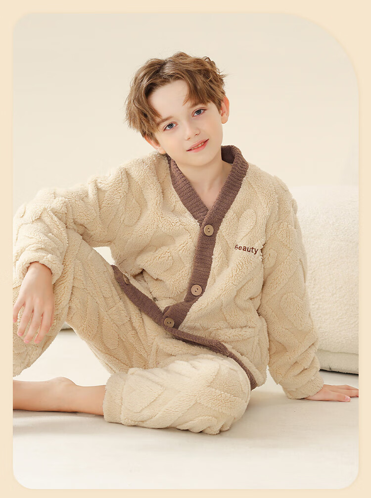LangSha Fleece-Lined Thickened Flannel Children's Pajama Set Autumn Winter Boys Sleepwear Warm Clothes 13