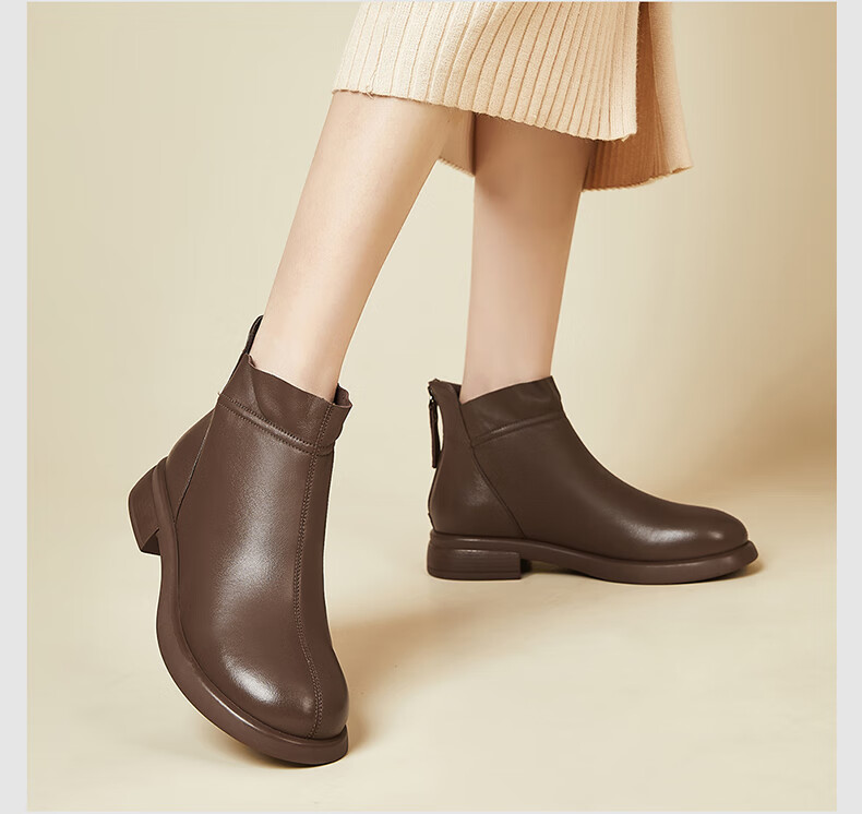 Fugui Bird Genuine Sheepskin Leather Ankle Boots Women Autumn Winter Fleece Lined Warm Fashion Boots Round Toe Chunky Heel Black Fleece Lined Size 37 9