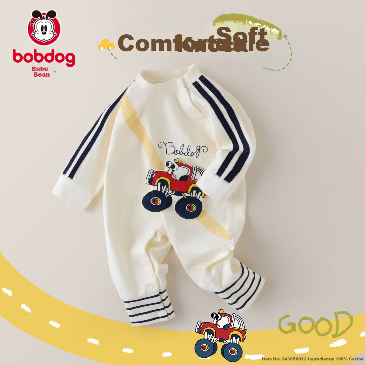 BOBDOG Baby Clothes Spring And Autumn, 100% Pure Cotton Infant Romper, Class A Baby Cartoon Outdoor Wear, Onesie Bodysuit