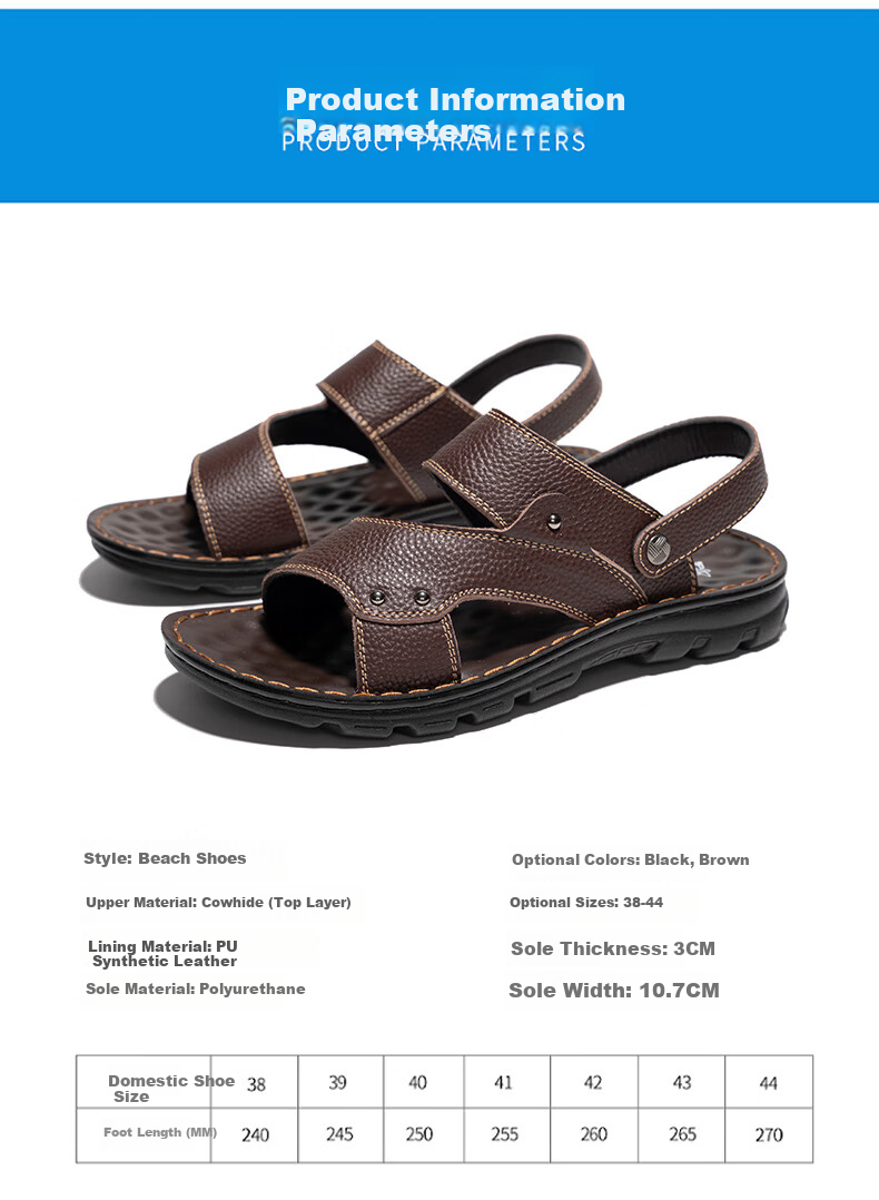 MEXICAN Top-Grain Leather Sandals for Men, Beach Shoes, Men's Slippers, Hollow-Out Casual Men's Shoes, Black, Size 44 5