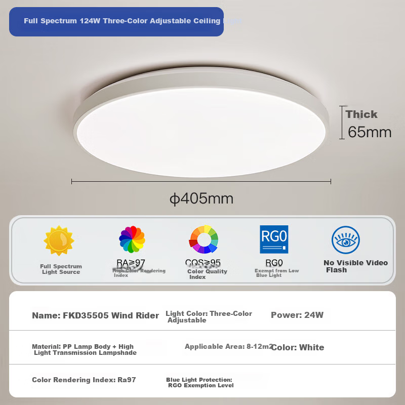 Foshanzhaoming LED Ceiling Light for Bedroom, No Blue Light, Eye Protection, High Color Rendering Index Ra97, Triple Protection Lamp, Chongfeng 24W