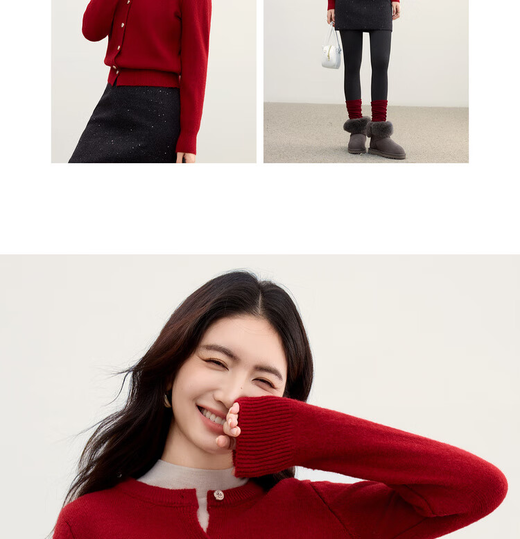 Sentubila Elegant Commuter Crew Neck Knit Sweater Women Autumn Soft Elastic Warm Thick Sweater Color Block Metal Button Long Sleeve Cardigan 24