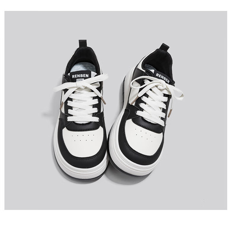 RENBEN 2026 Spring New Chic Original Black and Pink Casual Breathable Thick-Soled Sports Sneakers White Shoes 8