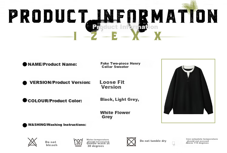 IZEXX Faux Two-Piece Henley Crewneck Sweatshirt for Men, Autumn Season, Simple Versatile Loose Base Layer Top JW19 Black 2XL 2