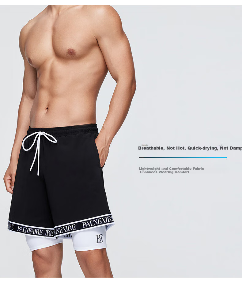 BALNEAIRE Men's Swim Shorts, Quick-Drying Hot Spring Pants, Fashionable Double-Layer Casual Sports Beach Shorts, 50435 Cool Black And White, Size L 6