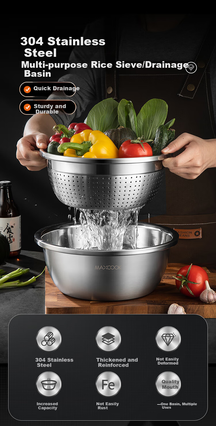 MAXCOOK Rice Strainer Colander 304 Stainless Steel, Thickened And Enlarged Draining Basin for Rice Washing, Vegetable Cleaning And Fruit Washing, 26cm MCWA859 1