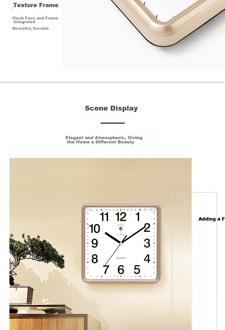 POLARIS Wall Clock, Simple Living Room Clock, Square Timepiece, Wall-Mounted, 2024 New Model Quartz Clock, 25cm, Gold 6