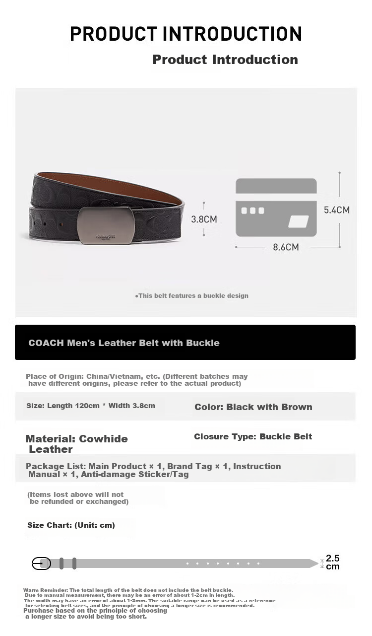 COACH [Brand Direct Supply], Men's Wide Leather Belt, 38MM Black And Brown, CQ009, New Year Gift 1