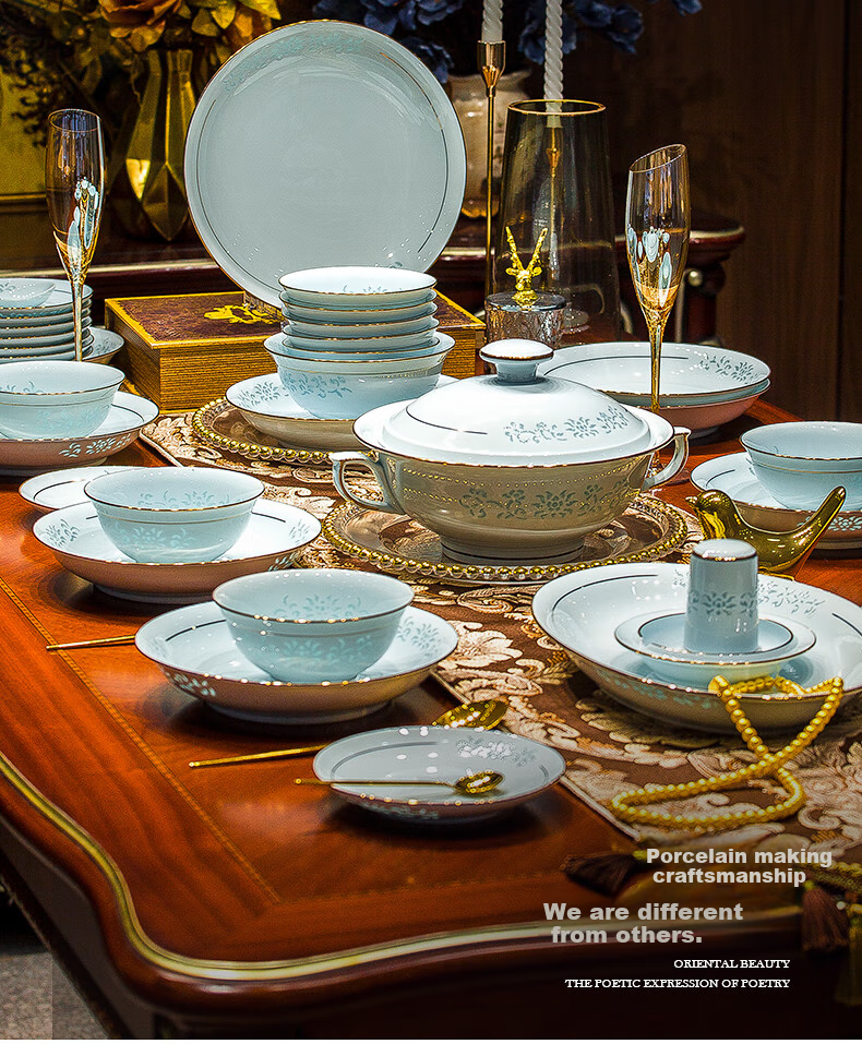 Guanpo New Gold-Rimmed Jingdezhen Underglaze Celadon Porcelain Delicate Bowl And Plate Set, Bone China Tableware Set for Home Use, Gift-Giving 11