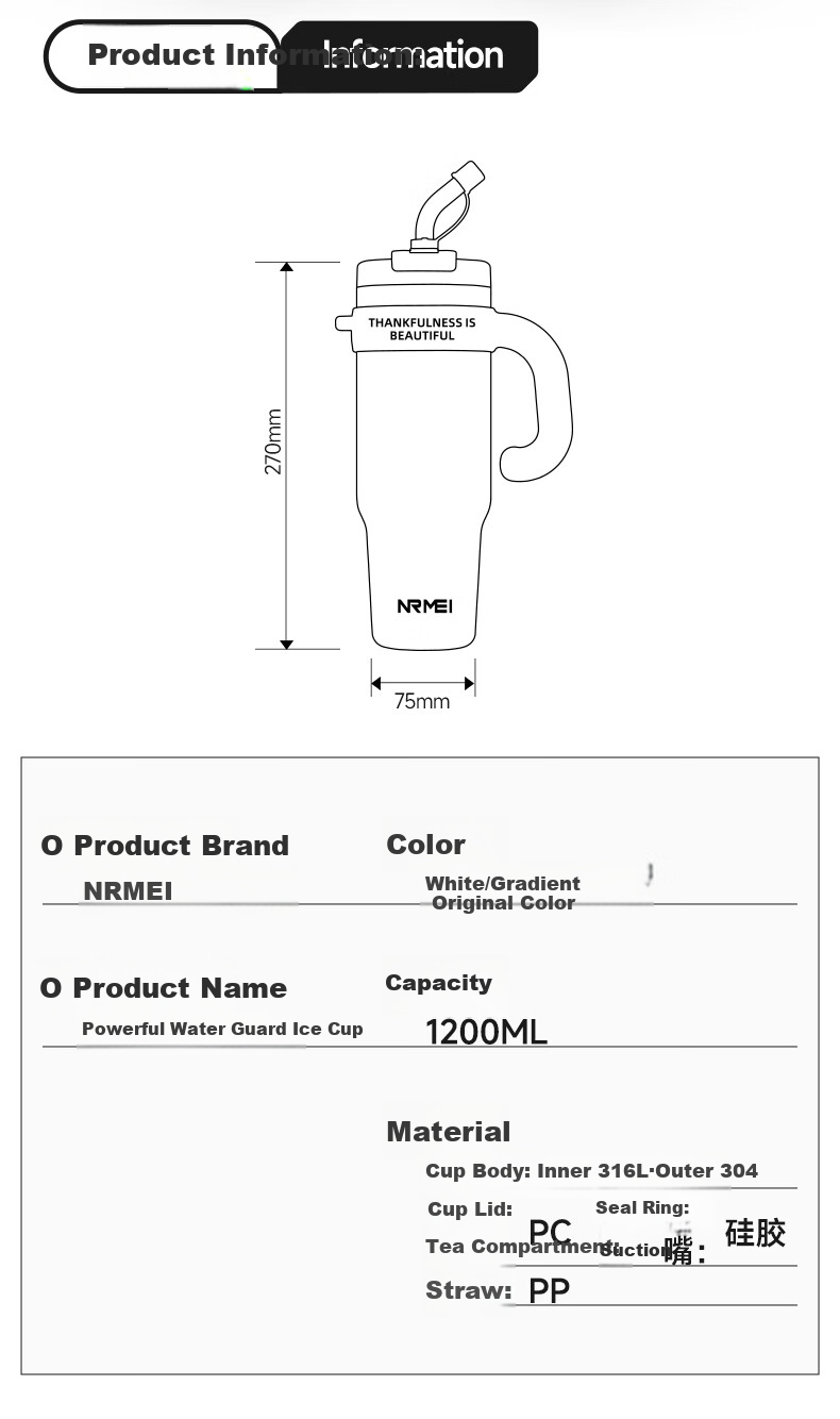 NRMEi Insulated Large Capacity Men's Thermos Cup One-Button Lid Straw Ice King Giant Tumbler Water Bottle 24