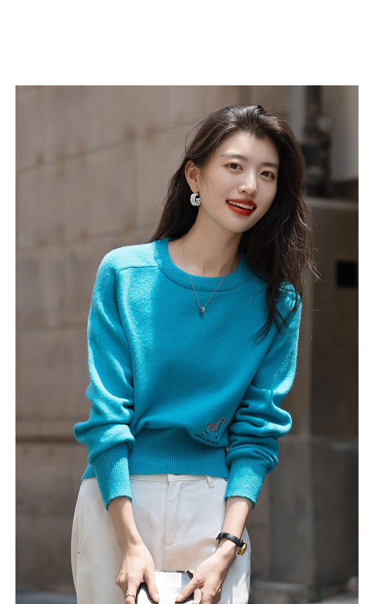 Dme Salt Breeze Roaming Winter Dopamine Embroidered Crewneck Stretchy Knit Sweater for Petite Women 1