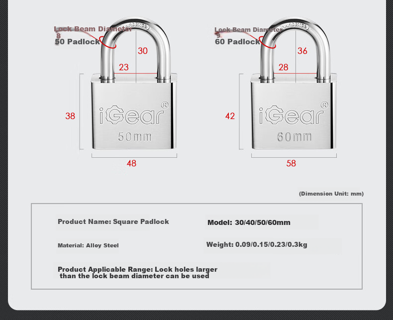 IGear Padlock Waterproof Rust-Resistant Door Lock Tool Lock for Shops, Warehouses, Gates, Home Use Anti-Theft Tamper-Proof Lock 50mm 8