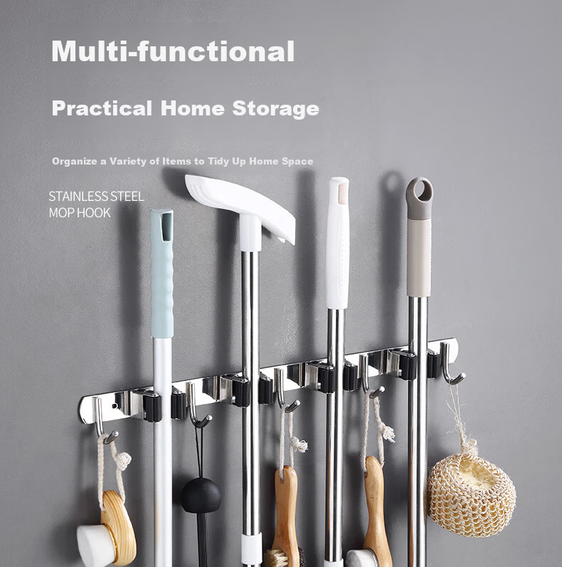Yagao Stainless Steel Mop Hook [4 Clips 5 Hooks], Bathroom No-Drill Mop Rack with Hooks, Wall-Mounted Mop Clip Row Hooks 7