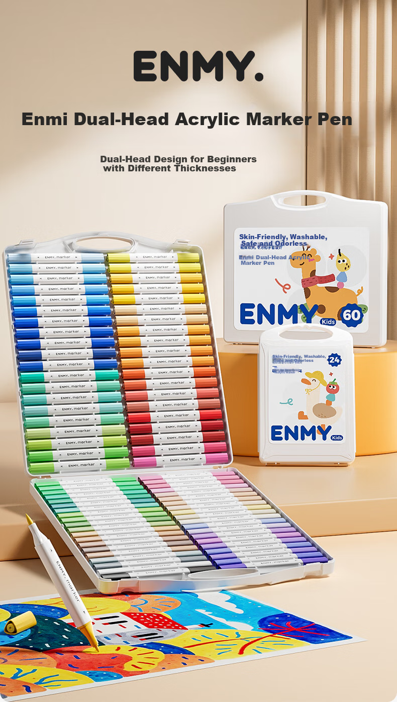Enmi Enmy 24-Color Double-Ended Acrylic Markers, Watercolor Pens, Kindergarten Children Elementary School Students Drawing Brushes, Art Education Washable Fluorescent Pens, Marker Pens 1