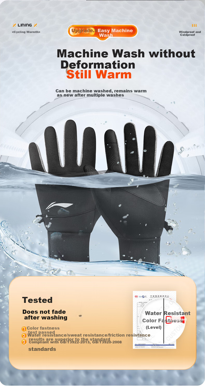 Li-Ning Cycling Gloves, Winter Warm Windproof Cold-Resistant, for Bicycle Riding, Leather Outdoor Sports Touchscreen Training Gloves, Full-Finger 9