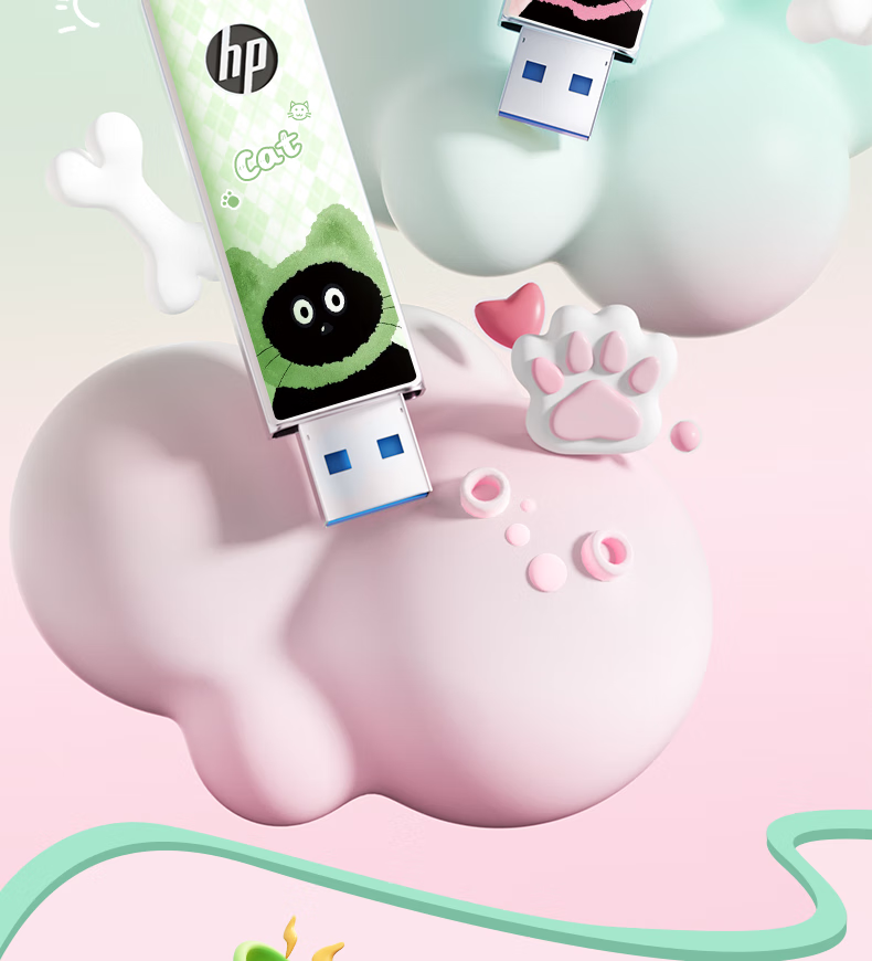 HP 64GB USB 3.2 Mint Meow High-Speed Metal USB Flash Drive Cute Couple Student Data Backup Office USB Drive Up to 230MB/s 2