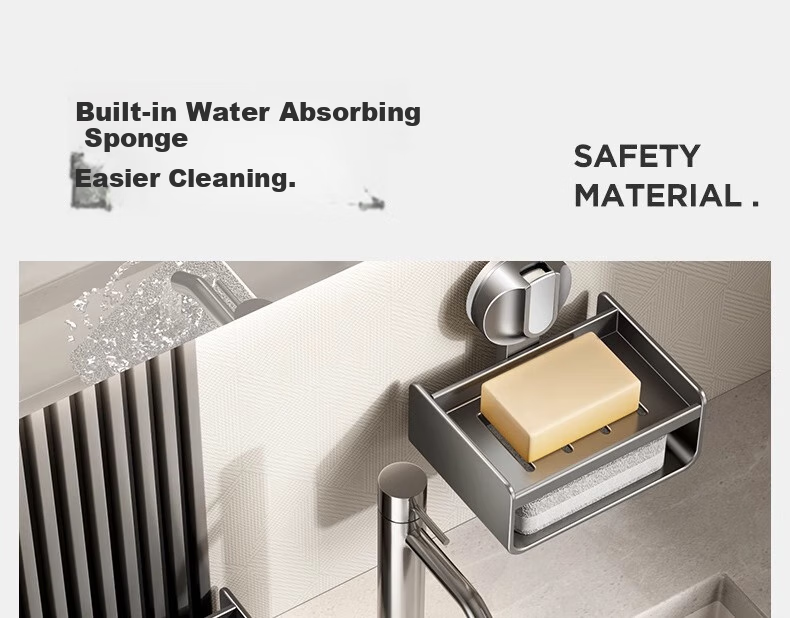 Baihan Suction Cup Soap Dish, No Drilling Required, Wall-Mounted, Bathroom Drainable, Non-Slip, ABS Carbon Steel, Baked Paint Finish 4