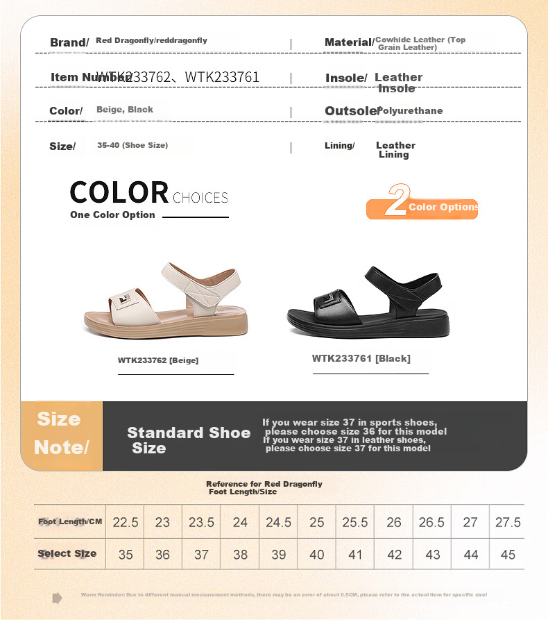 RED DRAGONFLY Mother's Day Sandals for Women, Flat Heel, Soft Leather, Soft Sole, Middle-Aged And Elderly Women's Mid-Heel Beach Shoes WTK233762 4