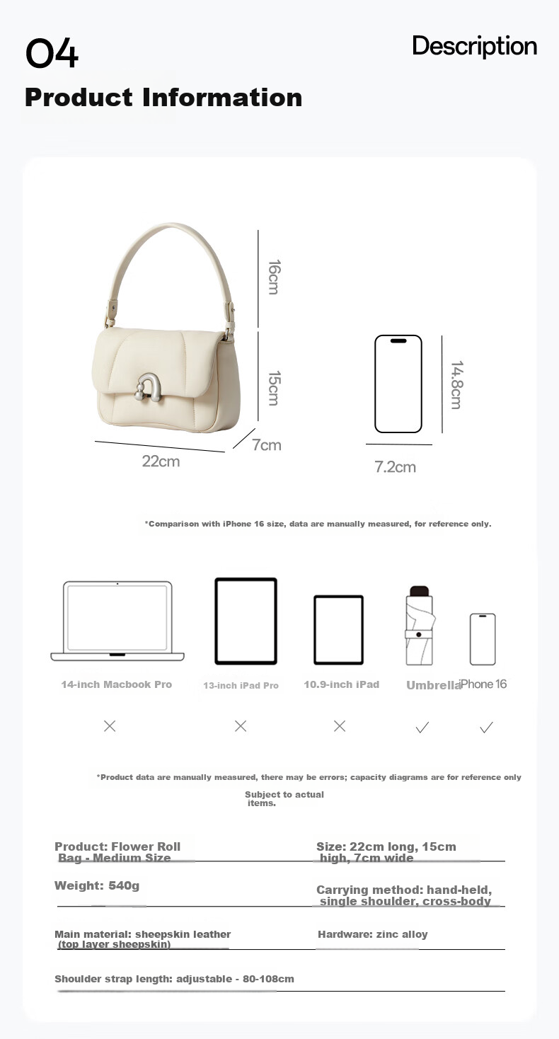 AMAZING SONG Women's Handbag, Flower Roll Bag, Medium Size, Top-Grain Sheepskin, Shoulder Crossbody Bag, Original Practical Handbag, High-End Niche Gift 6