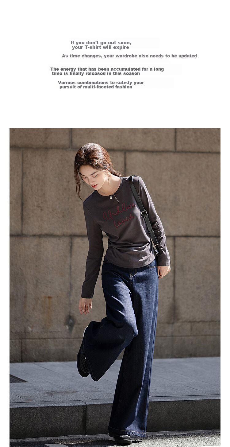 DME "Skin-friendly Cotton Ammonia" Autumn Design Color-blocking Letter Embroidery Round Neck Long Sleeve Petite Elegant Women's T-shirt 3