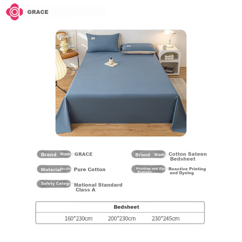 Grace 100% Pure Cotton Bed Sheet, Class A 7A Antibacterial, All-Cotton, Student Dormitory Single Bed Sheet, Single Piece, 160*230cm, Water Gree 9