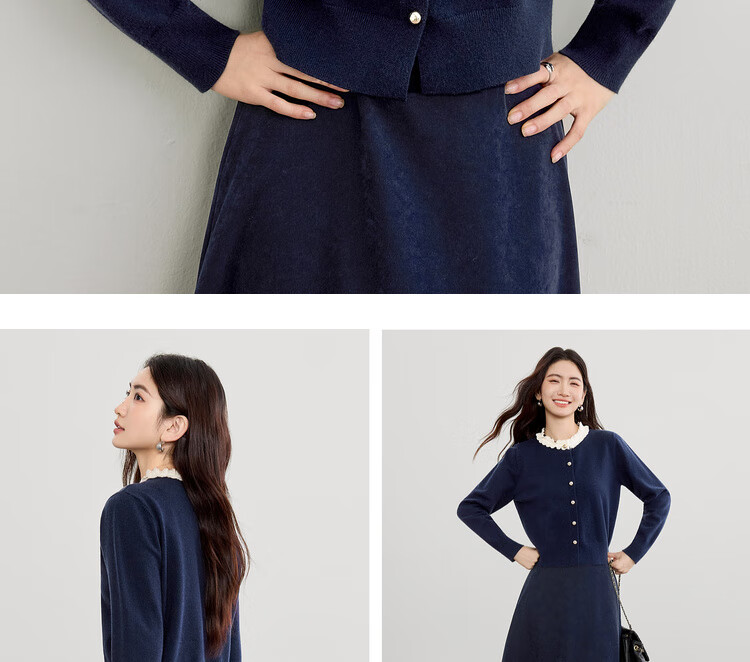 Sentubila Elegant Commuter Set Women Autumn Color-Block Lace Round Neck Stretch Knit Top A-Line Flared Skirt Two-Piece Set 9