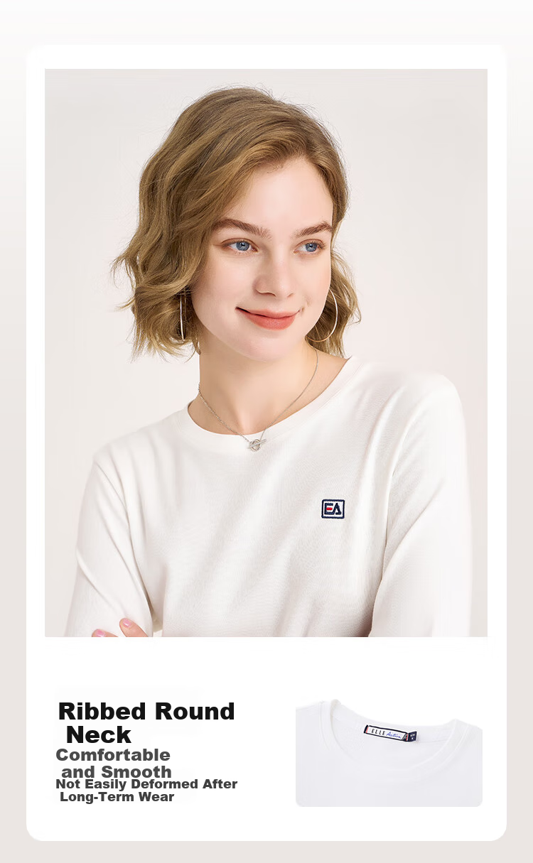 ELLE ACTIVE Fashion Versatile Round Neck Pure Cotton Long Sleeve T-Shirt for Women with Contrasting Cuffs, Soft Top Base Layer, White, XL 2