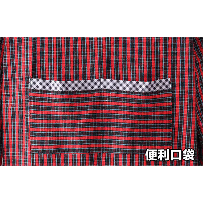 BAIGE Long Sleeve Apron Cotton Coarse Cloth Reversible Work Apron Red Mixed Plaid Length 118CM