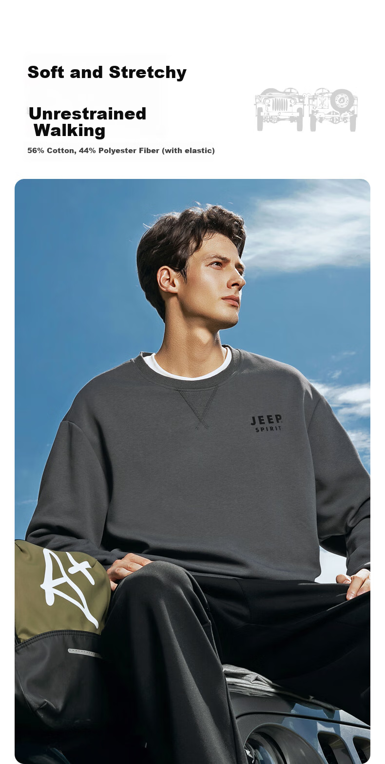 JEEP SPIRIT Men's Sweatshirt, Spring And Autumn Heavyweight Loose Round Neck Men's Jacket, Outdoor Casual Sports Trendy Top, Men's Clothing 3