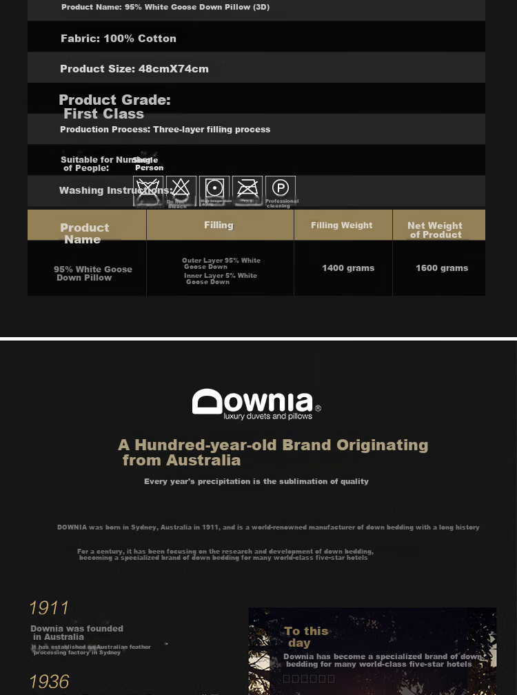 Downia Australian Pillow, Five-Star Hotel Upgraded Version, 95% White Goose Down Pillow Core, 48*74CM 12