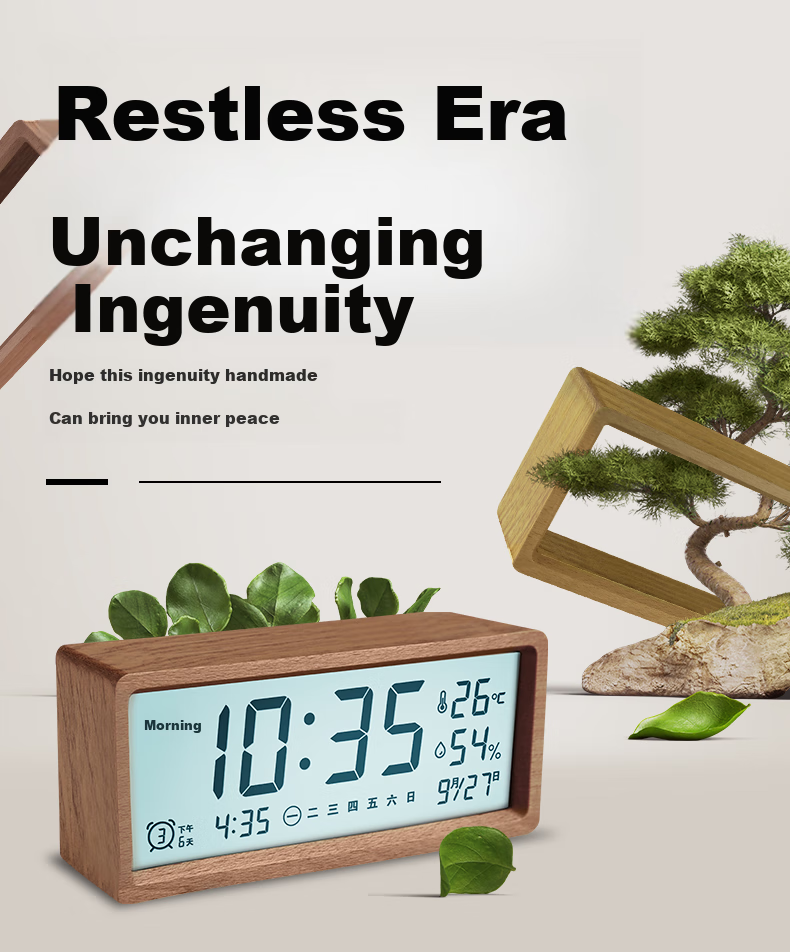 Momen Alarm Clock, Student Creative Simple Luminous Clock, Minimalist Timepiece, Bedside Multifunctional Lazy Clock, Peach Wood Color, TM03 Gift 2