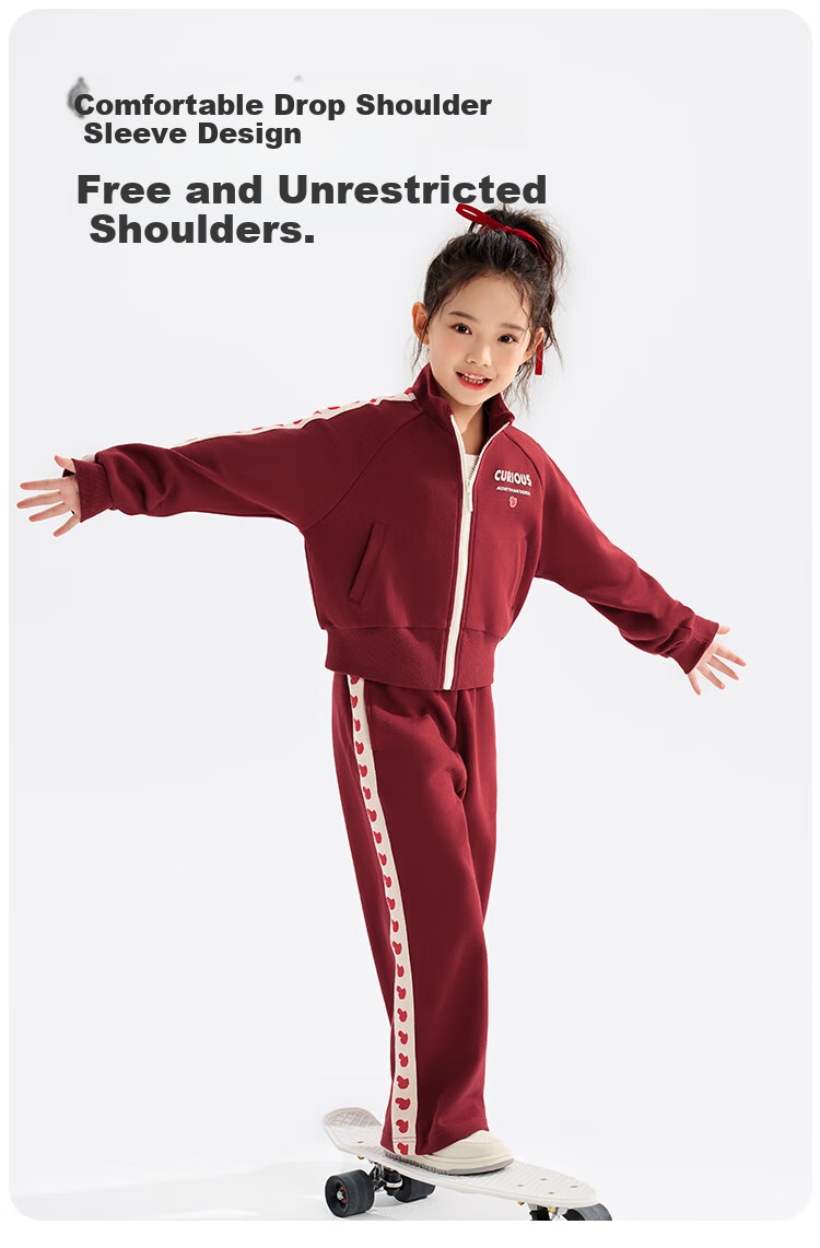 QQ DUCK Children's Sportswear Set, Girls' Jacket And Pants Two-Piece Outfit, Student Clothing, Heart-Shaped Little Duck Design, Wine Red; Size 130 6
