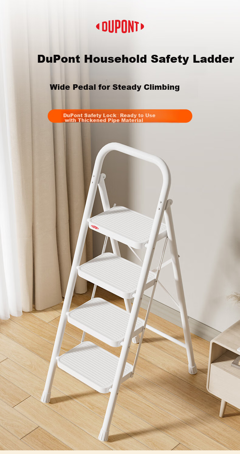 DU PONT Ladder, Household Ladder, Indoor Thickened Carbon Steel A-Frame Ladder, Multifunctional Climbing Ladder, Handrail Ladder [Bright Moon White], 3 Steps 3