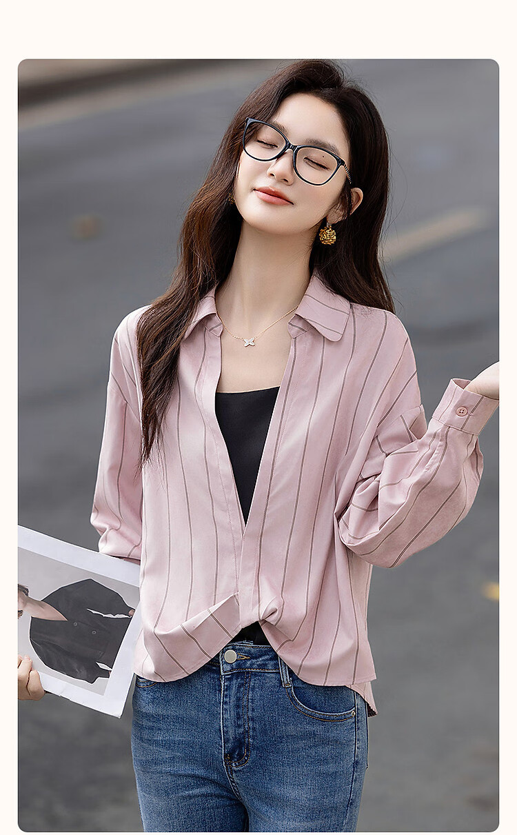 Demana Order Sense Striped Autumn Korean Style Cross Lapel Shirt with Pocket and Pleated Hem Women's Top 2